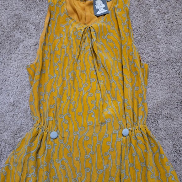 Anthropologie Girls from Savoy Women Size 2 Yellow Gray Silk Retro MOD Dress - Picture 8 of 8